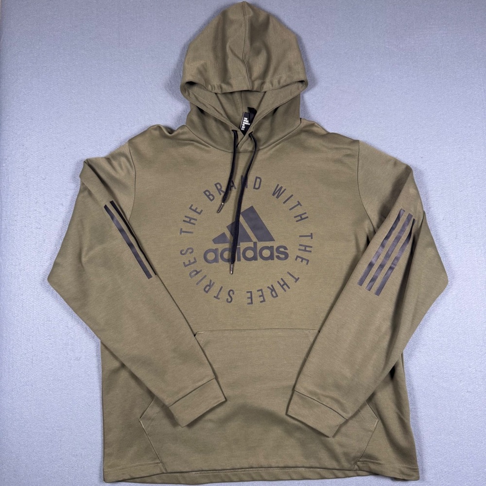 Adidas Hoodie Mens XL Olive Green Pullover Graphic Logo Three Stripes Sweatshirt